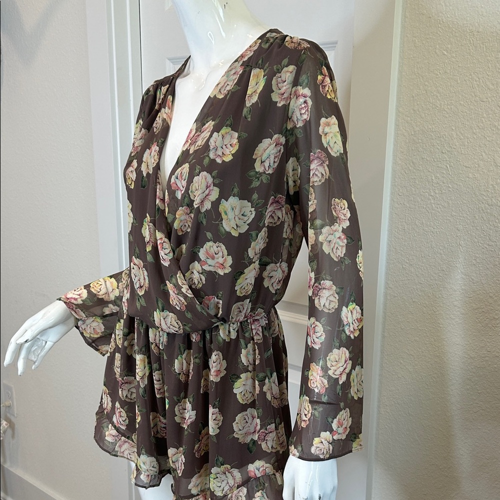 Honey Punch Brown Floral Surplice Long Sleeve Romper - Picture 4 of 11